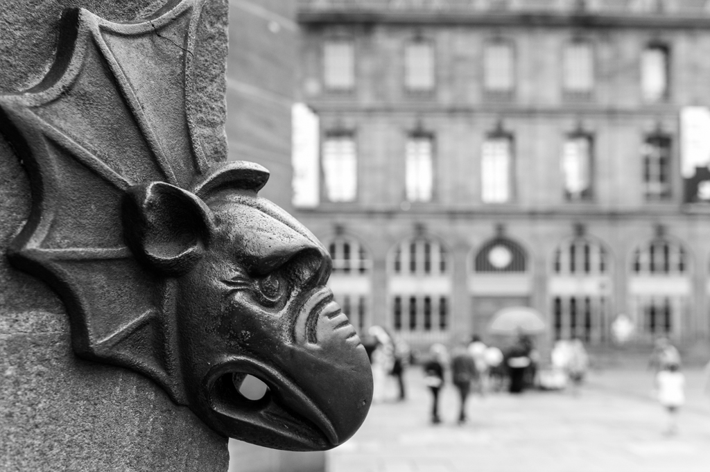 Photographie noir et blanc d'une tête de griffon, sur la façade de la cathédrale de Strasbourg